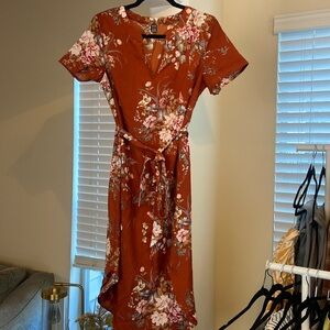 Orange Floral Short Sleeve Tie Waist Midi Dress